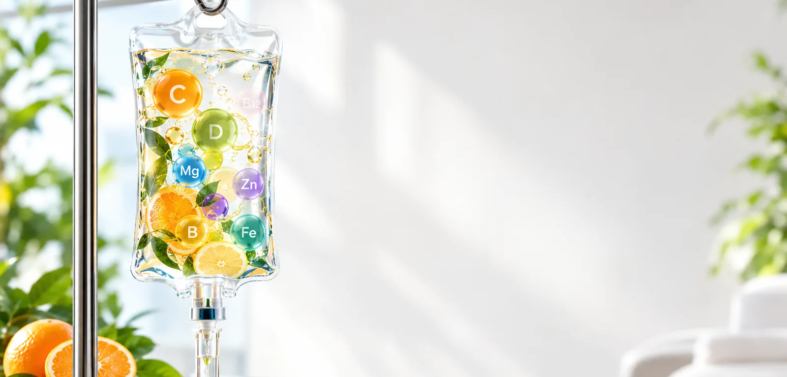 An IV bag of vitamin and mineral solution hanging on a stand in a bright clinic room